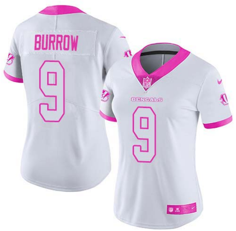 Women's Cincinnati Bengals #9 Joe Burrow White And Pink NFL Vapor Stitched Jersey(Run Small)